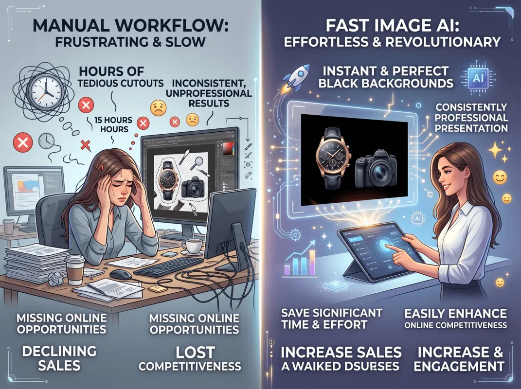Say Goodbye to Manual Background Removal - Fast Image AI Quickly Processes Product Images and Generates Black Background Images for E-commerce